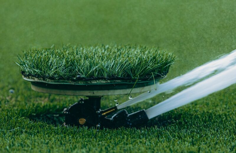 An in-ground lawn sprinkler head spraying an arc of water over green turf during early morning light.